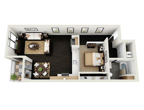 Floor plan for 1 bed, 1 bath, 785 sqft